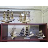 Five horn models of ships in full sail, tallest 24 cm high (5)