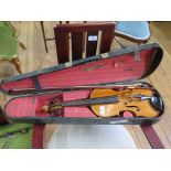 A violin labelled Lowendall Concert Violin, with two piece back, 59.5 cm long, cased, and a bow