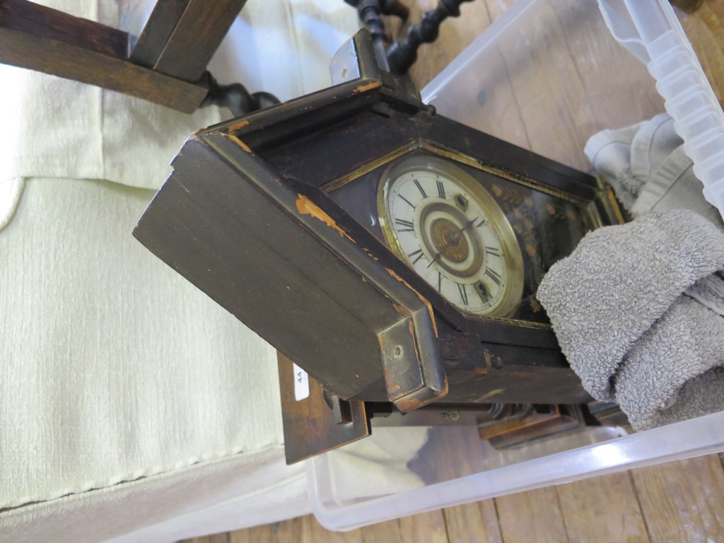 A 1930s oak cased admiral hat 'Anvil' clock, 43.5 cm wide, two American mantel clocks and various