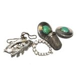 A pair of hammered silver buttons set with turquoise, a thimble, a silver brooch, etc