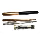 A Parker fountain pen, a silver pencil and a plated pencil