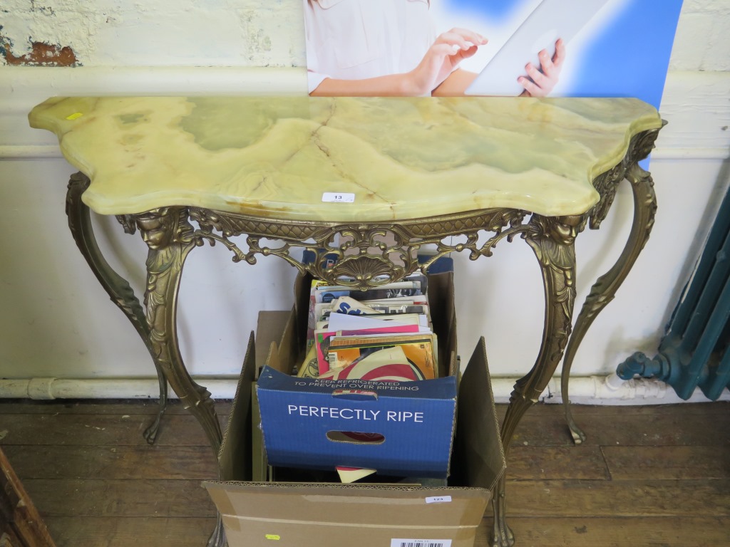 An Italian gilt metal and green marble console table, with pierced frieze, and mask head cabriole