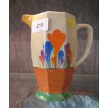 A Bizarre Clarice Cliff Crocus pattern jug, 15 cm high