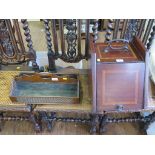 An early 20th century oak cutlery tray, with brass fret-work sides, 43 cm wide, and a mahogany and