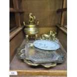 A Chinese style brass censer, two brass salvers, a copper salver and other brassware