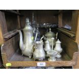 A collection of silver plate, including cruet stand with five bottles, a salt, pepper and mustard