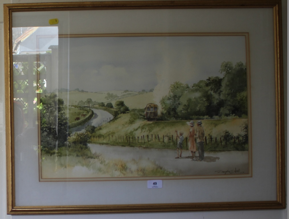 Douglas E. West Waving at the train Watercolour Signed 36 x 54 cm