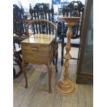 A turned pitch pine jardiniere stand, 90cm high, and a sewing box on cabriole legs (2)