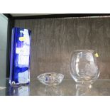 A Magnor Norway blue coloured square shaped vase, 20cm high, together with a clear glass vase with