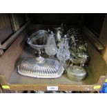 A collection of silver plate, including a three piece tea set, spirit kettle, tureen and sauce boats