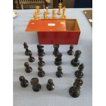 A turned wood set of chess pieces, of conventional form, King 10 cm high, in a box