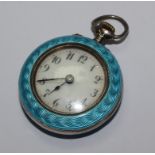 A ladies silver fob watch enamelled in turquoise blue, in working order