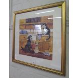 Alex Clark An amusing print titled "In the Kitchen" with dogs and cat label on the reverse 35.5 x