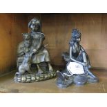 A bronze finish figure of a young girl seated and playing with a cat and her kittens, by Genesis