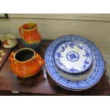 Two Crown Ducal ware vases, two Wilkison Huneyglaze jugs, a pair of large blue and white meatplates