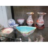 A Chinese famille rose triangular dish, unmarked, a pair of Japanese vases, with wavy rims,