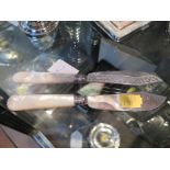 A pair of silver butter knives with mother of pearl handles and engraved floral design to blades,