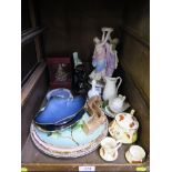 A pair of Carlton Ware powder blue leaf design dishes, various Avon perfume bottles, a Pailissy