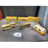 Dinky Toys: fawn and orange 281 Luxury Coach with green hubs, cream and red 280 Observation Coach