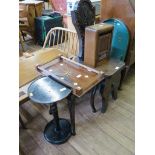 A carved oak hall chair, a bagatelle, an inlaid tray, two occasional tables and a table top letter