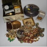 A collection of costume jewellery together with ladies Accurist watch, a ladies compact, an alarm