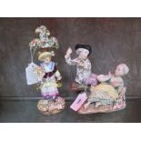 A Dresden style figure group of a couple seated on a log, 18cm high, and another of a lady with a