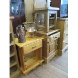 Two pine bedside cabinets, each with a frieze drawer, one with a cupboard door, and an oak stool (3)