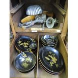 A set of Oriental lacquered bowls and plates, a pair of shoe trees, two meat mincers and a jelly