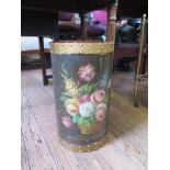 A cylindrical lacquered umbrella stand, painted with a still life of flowers, 44 cm high