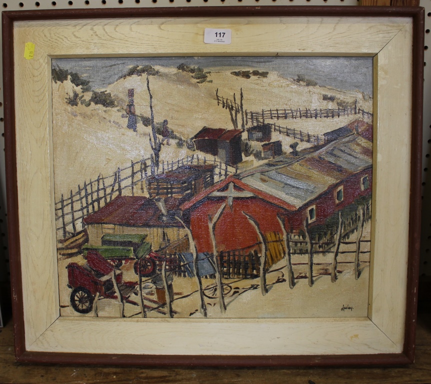 Lesley A township winter scene oil on canvas mounted on board signed 38 x 46 cm