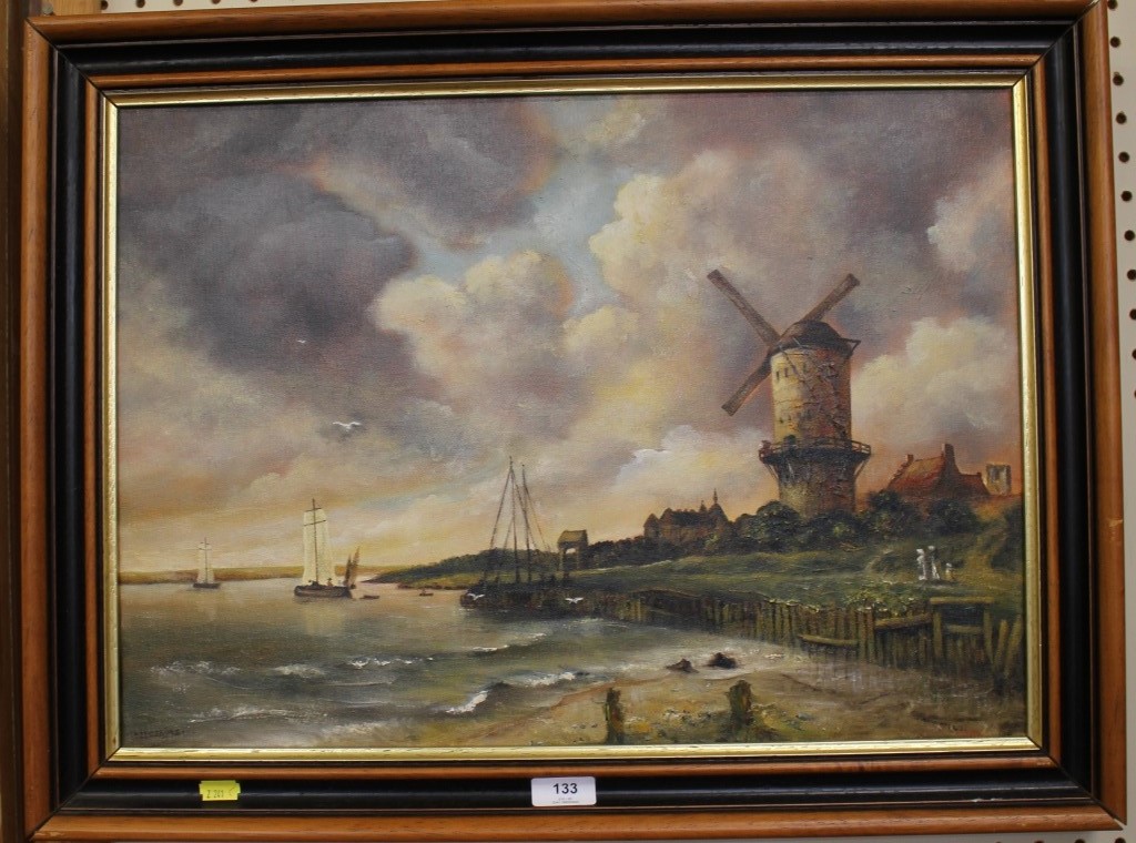 Hoskins Windmill and sailing vessels oil on canvas signed 39.5 x 44 cm