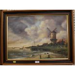 Hoskins Windmill and sailing vessels oil on canvas signed 39.5 x 44 cm