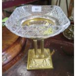 A late Victorian gilt metal and cut glass tazza, the square bowl on four reeded columns and square