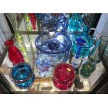 A Danish Holmegaard blue glass bowl, 27 cm wide, two air bubble glass ash trays, and various other