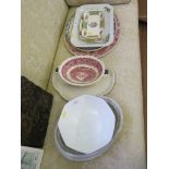 A Johnson Bros. red printed meat plate 'Home for Thanksgiving', 50cm wide, two other meat plates,