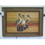Majors Three pelicans inlaid driftwood impressed signature 39.5 x 55 cm