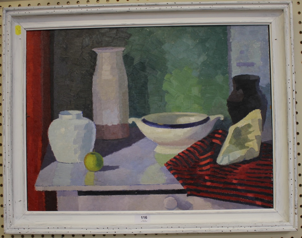 20th Century British School Still life of vases and apple oil on board 44 x 60 cm