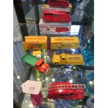 Dinky Toys: 955 Fire Engine, 443 Studebaker National Benzole Tanker, orange and green 414 Dodge