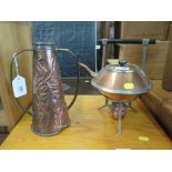 A copper spirit kettle, in the style of Christopher Dresser, and an Arts & Crafts copper twin handle