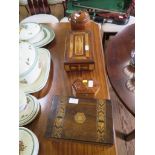 A Tunbridge ware inlaid box, 25 cm wide, another inlaid box, an hexagonal box and a wood cased ice