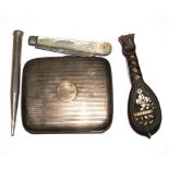A silver cigarette case, a mother of pearl fruit knife, a tortoiseshell miniature mandolin and a