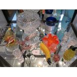 Various 1970s coloured glass ornaments and other cut glass wares