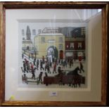 An embroidery depicting a section of 'Coming from the Mill' after L.S. Lowry, 30 x 32 cm