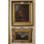 19th century Dutch School Figure adjusting his shoe oil on canvas 13 x 20 cm and another of a