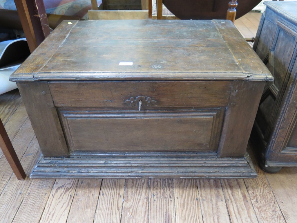 A continental oak coffer, the hinged lid over a panelled front and broad moulding on stile feet, the