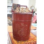A Chinese lacquered and gilt large bucket-shaped rice box with carved sliding-bar handle opener,