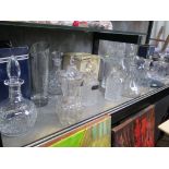 A Thomas Webb Crystal square decanter, two square decanters, and various other decanters, carafes