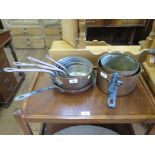 A set of fiver copper saucepans, a copper frying pan and two other copper saucepans, (8)