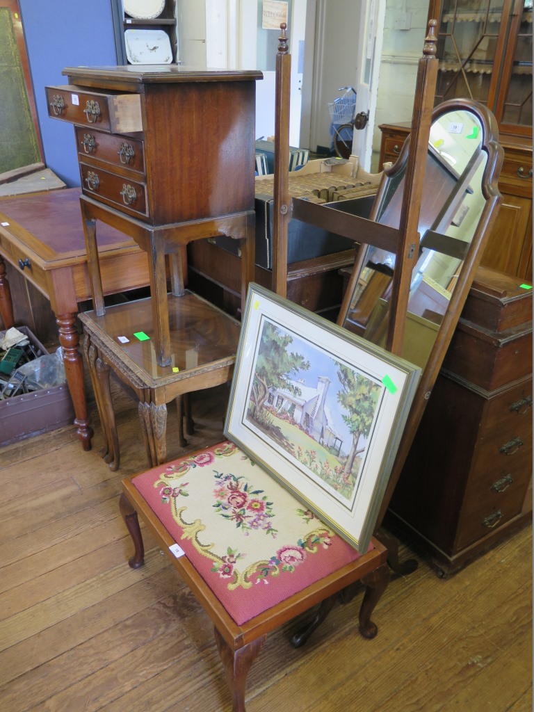 A reproduction mahogany occasional table with three drawers, 45 cm wide, a nest of three tables, a