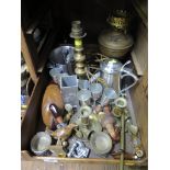 Various brass and metalwares, including an ice bucket, goblets and chamber sticks